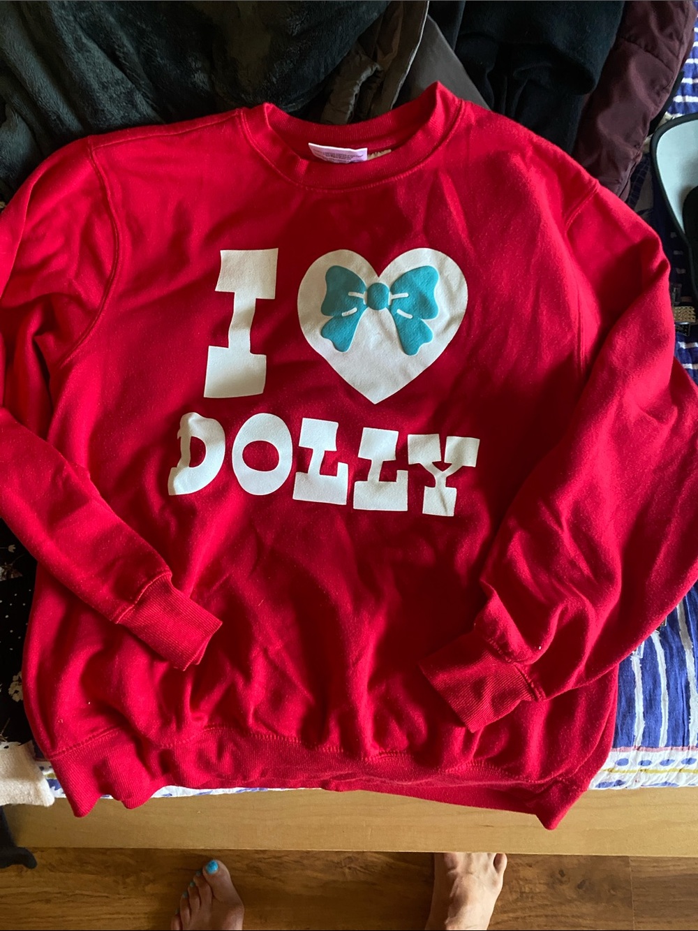 DOLLY Red Crewneck Sweater with White Heart and Teal Bow Graphic